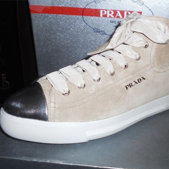PRADA Beige Suede Ribbon High Top Metallic Cap Toe Lace Up Sneakers Shoes - Picture 2 of 14